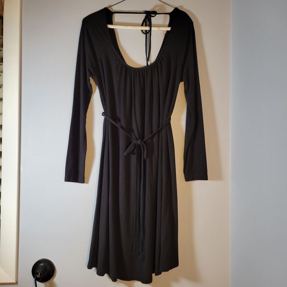 Seraphine Maternity Jersey Dress Black Scoop Neck Long Sleeve Belt Tie US Sz 6